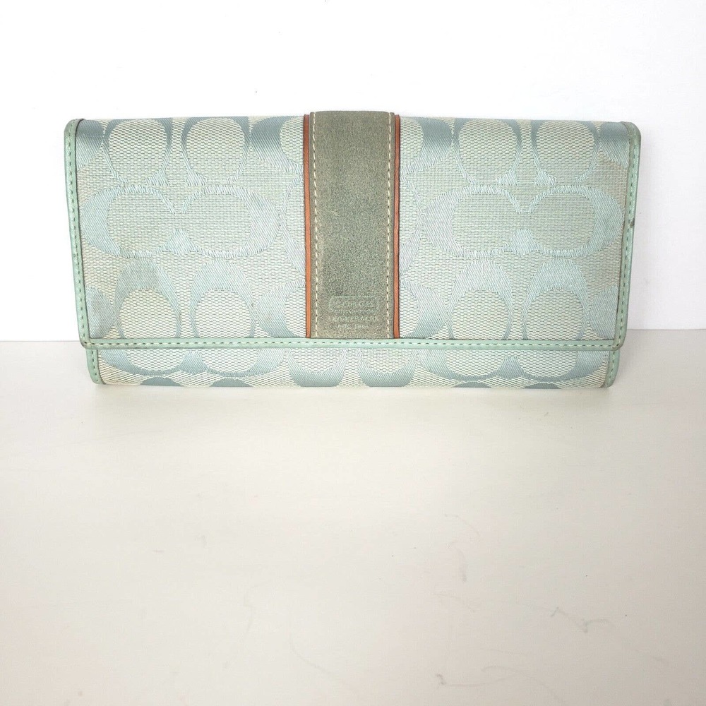 Coach Wallet Canvas Leather Signature Light Blue Envelope 7x4 Large Long Clutch